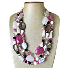 Load image into Gallery viewer, Pink Black & White Statement Necklace, Triple Strand Beaded Jewelry, black and white jewelry, bridsmaid wedding necklace, pink necklace
