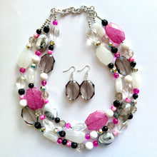 Load image into Gallery viewer, Pink Black & White Statement Necklace, Triple Strand Beaded Jewelry, black and white jewelry, bridsmaid wedding necklace, pink necklace