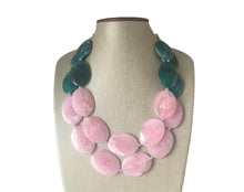 Load image into Gallery viewer, Pink Yellow & Green Chunky Statement Necklace, Big beaded jewelry, multi strand Statement Necklace, chunky green and pink bib jewelry