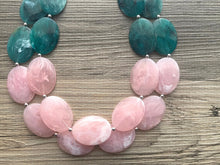 Load image into Gallery viewer, Pink Yellow & Green Chunky Statement Necklace, Big beaded jewelry, multi strand Statement Necklace, chunky green and pink bib jewelry