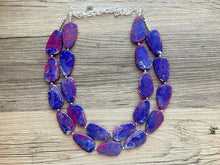 Load image into Gallery viewer, Magenta & Royal Blue Double Layer statement necklace with silver accents, Chunky Jewelry Dark Blue painted beads jewelry