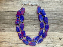 Load image into Gallery viewer, Magenta & Royal Blue Double Layer statement necklace with silver accents, Chunky Jewelry Dark Blue painted beads jewelry