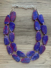 Load image into Gallery viewer, Magenta & Royal Blue Double Layer statement necklace with silver accents, Chunky Jewelry Dark Blue painted beads jewelry