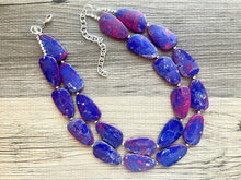 Load image into Gallery viewer, Magenta & Royal Blue Double Layer statement necklace with silver accents, Chunky Jewelry Dark Blue painted beads jewelry