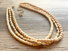 Load image into Gallery viewer, Birch Wood 3 Strand Beaded Necklace, vintage tan brown Jewelry Chunky statement necklace, big beaded necklace geometric boho