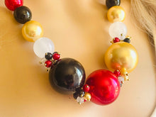 Load image into Gallery viewer, New Years Eve 1 Strand Statement Necklace, bib necklace, acrylic pearl necklace, gold black red white jewelry, single beaded long layering