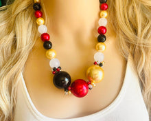 Load image into Gallery viewer, New Years Eve 1 Strand Statement Necklace, bib necklace, acrylic pearl necklace, gold black red white jewelry, single beaded long layering