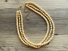 Load image into Gallery viewer, Birch Wood 3 Strand Beaded Necklace, vintage tan brown Jewelry Chunky statement necklace, big beaded necklace geometric boho