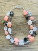 Load image into Gallery viewer, Summer Cottage Statement Necklace, chunky bib beaded jewelry, Rainbow jewelry, coral peach blue necklace, beaded acrylic jewelry
