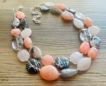 Load image into Gallery viewer, Summer Cottage Statement Necklace, chunky bib beaded jewelry, Rainbow jewelry, coral peach blue necklace, beaded acrylic jewelry