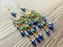 Load image into Gallery viewer, Gold & Blue Flutter Beaded Tassel statement earrings, metal jewelry, gold geometric earrings pierced dangle drop chunky
