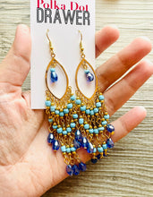 Load image into Gallery viewer, Gold & Blue Flutter Beaded Tassel statement earrings, metal jewelry, gold geometric earrings pierced dangle drop chunky