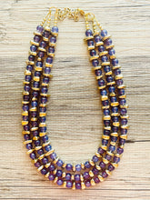 Load image into Gallery viewer, Grape Glass & gold Sparkle Statement Necklace, Chunky 3 Strand Jewelry, purple necklace silver necklace, dark purple eggplant bib necklace