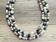 Load image into Gallery viewer, Neutral Gold Chunky Statement Necklace, multi Strand Beaded Jewelry Champagne gray glass jewelry, 3 strand chunky bib confetti fall necklace