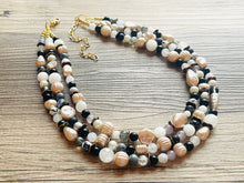 Load image into Gallery viewer, Neutral Gold Chunky Statement Necklace, multi Strand Beaded Jewelry Champagne gray glass jewelry, 3 strand chunky bib confetti fall necklace