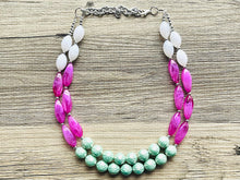 Load image into Gallery viewer, Green & Pink Double Statement Necklace, Chunky Jewelry Big Beaded Necklace, dark pink Necklace, magenta Jewelry bubble 2 strand