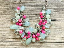 Load image into Gallery viewer, Green & pink Cluster Necklace, silver and green beaded necklace, holiday jewelry, neon pink crystal necklace bib statement Necklace