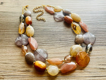 Load image into Gallery viewer, Coffee Shop Gold Statement Necklace, multi strand jewelry, big beaded chunky statement necklace, rosegold cream brown neutral champagne