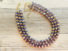 Load image into Gallery viewer, Grape Glass & gold Sparkle Statement Necklace, Chunky 3 Strand Jewelry, purple necklace silver necklace, dark purple eggplant bib necklace