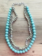 Load image into Gallery viewer, Gray Waves & Turquoise Silver Chain Blues statement Necklace, green wood beaded chunky bib wedding crystals, dark navy blue