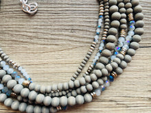 Load image into Gallery viewer, Gray Skys & Silver Blues statement Necklace, dyed gray wood beaded chunky bib wedding crystals, dark navy blue 6 strand jewelry, chunky bib