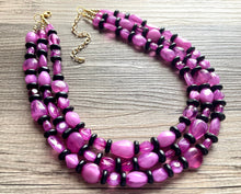 Load image into Gallery viewer, Orchid Purple + Black Chunky Statement Necklace, Big beaded jewelry, Triple Strand Statement Necklace, Bib gold, bridesmaid wedding