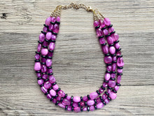 Load image into Gallery viewer, Orchid Purple + Black Chunky Statement Necklace, Big beaded jewelry, Triple Strand Statement Necklace, Bib gold, bridesmaid wedding