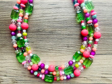 Load image into Gallery viewer, Strawberry Kiwi Chunky Statement Necklace, Coral mint beaded jewelry, Multi Strand Bib Necklace, Beaded necklace green hot pink