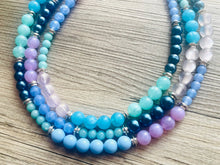 Load image into Gallery viewer, Tributaries Statement Necklace, chunky bib beaded jewelry, Summer blue purple green necklace, beaded glass jewelry lavender chambray