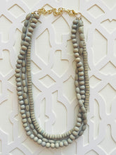 Load image into Gallery viewer, Gray Birch Wood 3 Strand Beaded Necklace, vintage tan Jewelry Chunky statement necklace, big beaded necklace geometric boho dark painted