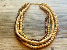 Load image into Gallery viewer, Gold & Brown statement necklace, chunky bib beaded jewelry 5 strand neutral necklace, wood multi strand wood, Traveler Collection