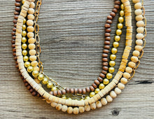 Load image into Gallery viewer, Gold & Brown statement necklace, chunky bib beaded jewelry 5 strand neutral necklace, wood multi strand wood, Traveler Collection