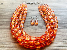 Load image into Gallery viewer, Coral Orange Statement Necklace, 5 multi Strand Beaded Jewelry, Bright Necklace, coral necklace, summer necklace, beaded jewelry earrings