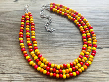 Load image into Gallery viewer, Cobblestone Harvest Chunky Rainbow Beaded Necklace, 3 Strand Colorful Jewelry statement necklace, wood big beaded necklace yellow red orange