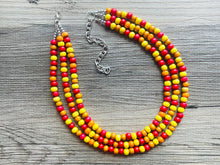 Load image into Gallery viewer, Cobblestone Harvest Chunky Rainbow Beaded Necklace, 3 Strand Colorful Jewelry statement necklace, wood big beaded necklace yellow red orange