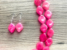 Load image into Gallery viewer, Big Bead pink Necklace, 2 Strand Statement Jewelry, magenta pink Chunky bib bridesmaid, hot pink jewelry, dark pink necklace earring set