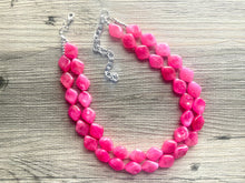 Load image into Gallery viewer, Big Bead pink Necklace, 2 Strand Statement Jewelry, magenta pink Chunky bib bridesmaid, hot pink jewelry, dark pink necklace earring set