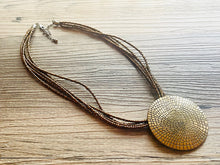 Load image into Gallery viewer, Vintage Gold Pendant Beaded long necklace, shiny beaded statement necklace, everyday metal chunky layering necklace multi strand