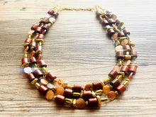 Load image into Gallery viewer, Brown Shell 3 strand statement Necklace, wood Beaded Necklace, summer gold jewelry, triple strand faceted bubble necklace neutral