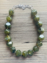 Load image into Gallery viewer, Army Green Chunky Statement Necklace, Big beaded jewelry, Double Strand Statement Necklace, Bib necklace, green bridesmaid wedding camo