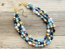 Load image into Gallery viewer, Coral Fish 3 Strand Royal Blue Necklace, multi strand bright blue jewelry, big beaded chunky necklace, gold dark blue statement navy