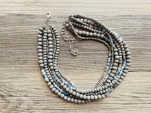 Load image into Gallery viewer, Gray Skys & Silver Blues statement Necklace, dyed gray wood beaded chunky bib wedding crystals, dark navy blue 6 strand jewelry, chunky bib