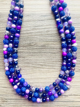 Load image into Gallery viewer, Meet Me At Midnight Necklace, Purple & Blue Statement Necklace, 3 strand chunky jewelry, dark purple eggplant navy rhinestone sparkle glass
