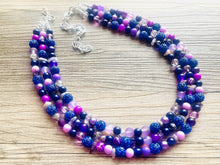 Load image into Gallery viewer, Meet Me At Midnight Necklace, Purple & Blue Statement Necklace, 3 strand chunky jewelry, dark purple eggplant navy rhinestone sparkle glass