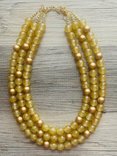 Load image into Gallery viewer, Gold Glitter Statement Necklace, Chunky three Strand Jewelry, gold necklace, COLOR BLOCK, bib necklace, resin beaded gold earrings