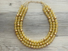 Load image into Gallery viewer, Gold Glitter Statement Necklace, Chunky three Strand Jewelry, gold necklace, COLOR BLOCK, bib necklace, resin beaded gold earrings