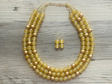 Load image into Gallery viewer, Gold Glitter Statement Necklace, Chunky three Strand Jewelry, gold necklace, COLOR BLOCK, bib necklace, resin beaded gold earrings
