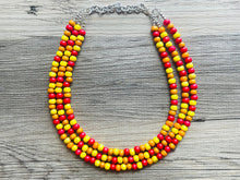 Load image into Gallery viewer, Cobblestone Harvest Chunky Rainbow Beaded Necklace, 3 Strand Colorful Jewelry statement necklace, wood big beaded necklace yellow red orange