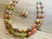 Load image into Gallery viewer, Speckled Watermelon Chunky Statement Necklace, Big beaded jewelry, 2 Strand bib chunky Necklace, gray green red silver earrings set jewelry