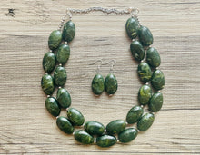 Load image into Gallery viewer, Olive Green Chunky Statement Necklace, Big beaded jewelry, Double Strand Statement Necklace, Bib necklace, green bridesmaid fall wedding